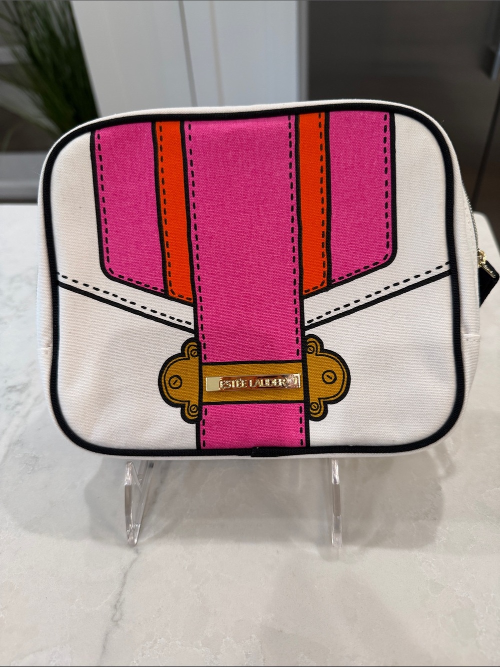 Estee Lauder Pink, Orange & White Canvas Cosmetic Bag